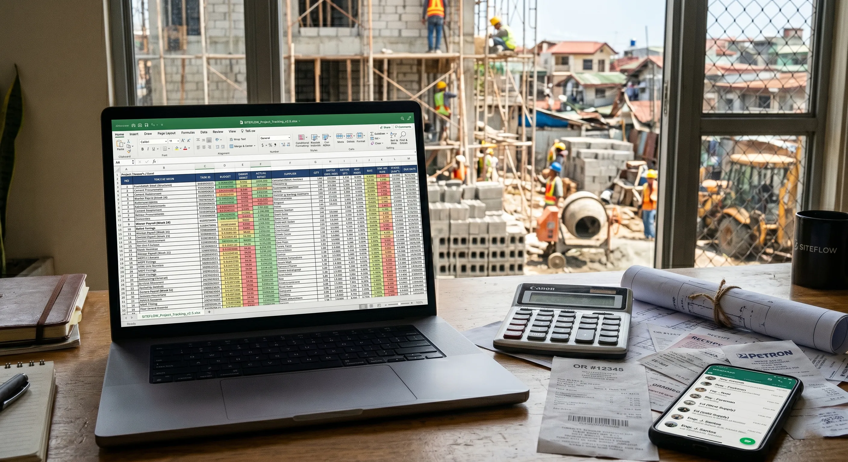 Complicated spreadsheet on desk with receipts and active construction site outside the window