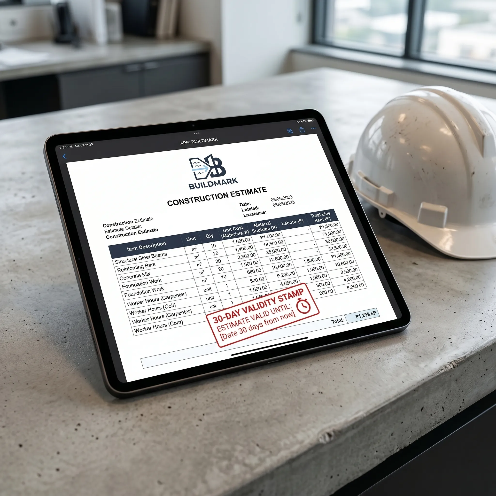 BuildMark tablet application showing professional construction estimate PDF on concrete counter